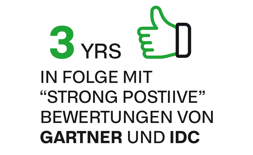 3 Jahre in Folge „stark positive“ Bewertungen von Gartner und IDC
