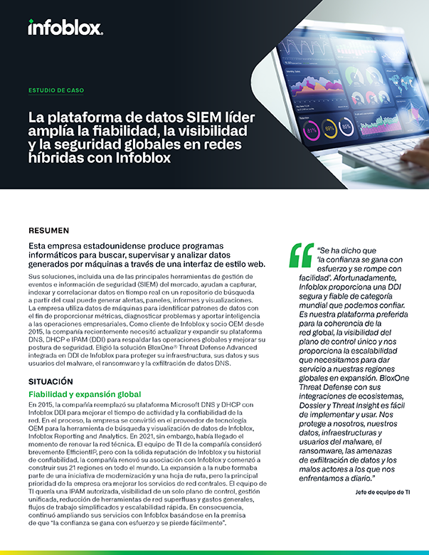 La plataforma de datos SIEM líder amplía la fiabilidad, la visibilidad y la seguridad globales en redes híbridas con Infoblox